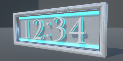 VRChatのワールドに設置した時計。枠の中で12:34の数字が水色に発光